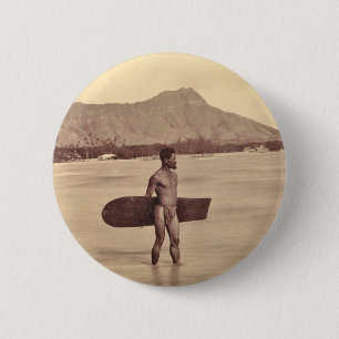 Badge Rond 5 Cm Surfer hawaïen indigène, C. 1890