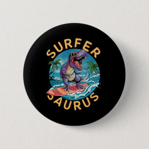 Badge Rond 5 Cm Surfeur Saurus T-rex Dinosaures Surfant Cavalier D