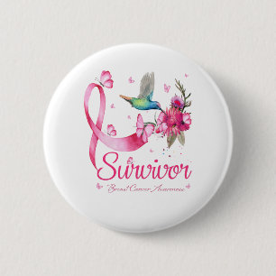 Badge Rond 5 Cm Survivant Hummingbird Ribbon Cancer du sein