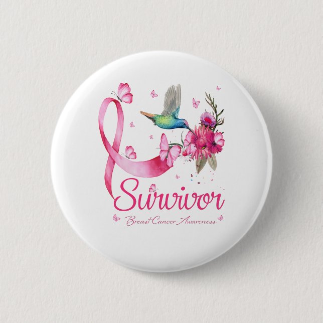 Badge Rond 5 Cm Survivant Hummingbird Ribbon Cancer du sein (Devant)