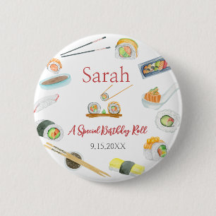 Badge Rond 5 Cm Sushi et sashimi d'anniversaire aquarelle blanc