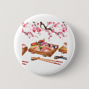 Badge Rond 5 Cm sushis japonais et sakura fleurie