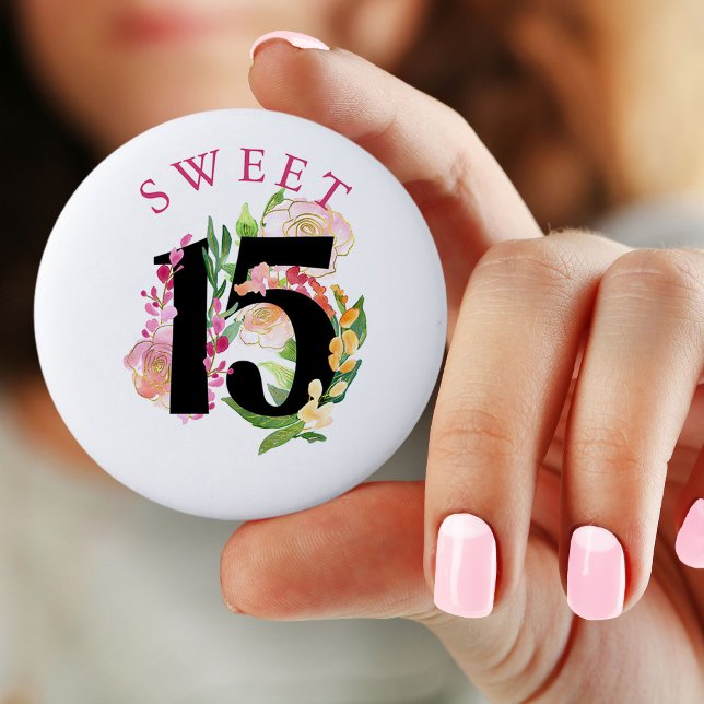 Badge Rond 5 Cm Sweet 15 Floral Numéro 15e Anniversaire (Sweet 15 - Quinceanera - 15th birthday pin button badge)