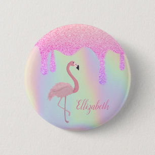 Badge Rond 5 Cm Sweet tendance Holographique, Flamant rose rose