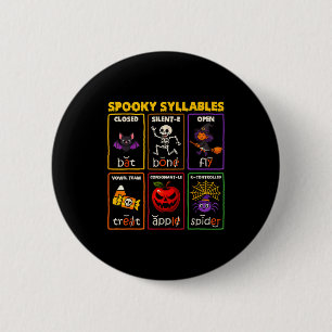 Badge Rond 5 Cm Syllabes effrayantes Lecture Halloween Professeur