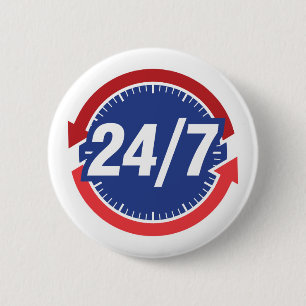 Badge Rond 5 Cm Symbole 24/7 heures avec horloge face et flèches t
