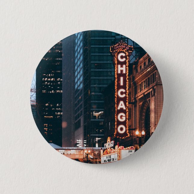 Badge Rond 5 Cm SYMBOLE Chicago Illinois Neon Nuit (Devant)