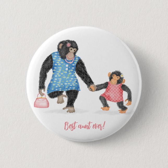 Badge Rond 5 Cm Symbole de chimpanzé 'Meilleure tante jamais' (Devant)