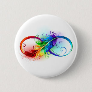 Badge Rond 5 Cm Symbole d'infini avec plume arc-en-ciel