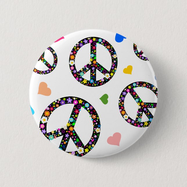 Badge Rond 5 Cm Symbole, fleurs et coeurs de paix coloré (Devant)