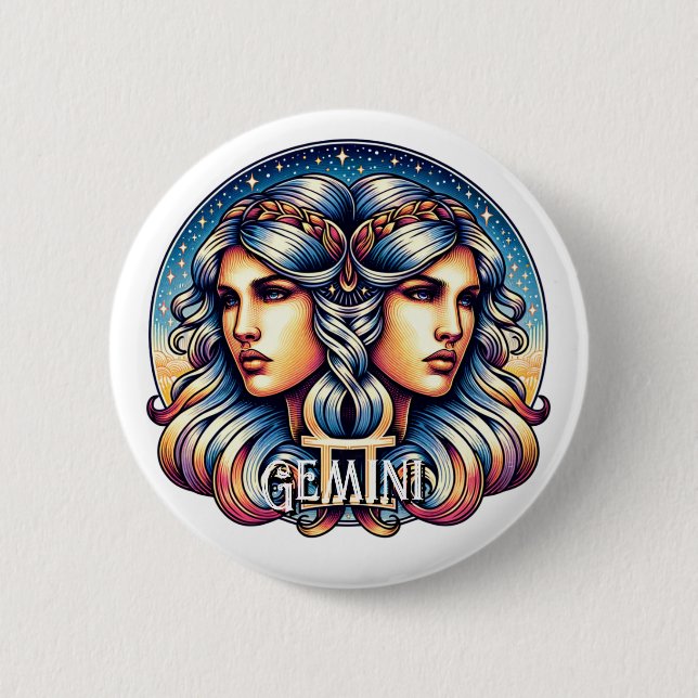 Badge Rond 5 Cm SYMBOLE Horoscope Gemini | SIGNE D'Astrologie Jume (Devant)