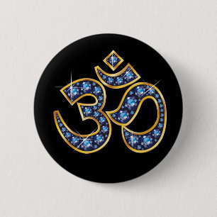 Badge Rond 5 Cm Symbole Om avec pierres "Sapphire"