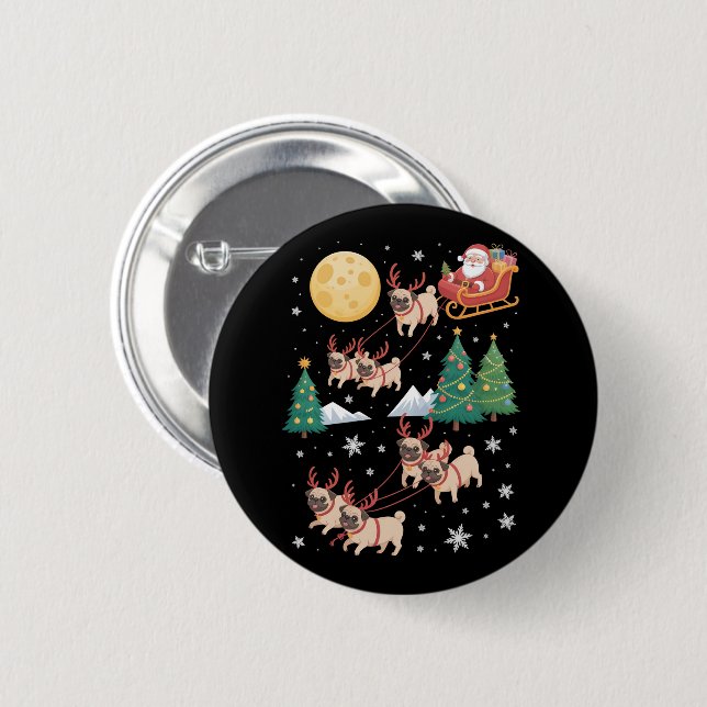 Badge Rond 5 Cm T-shirt de Noël avec arbre pour chiens Pug, Xmas,  (Devant & derrière)