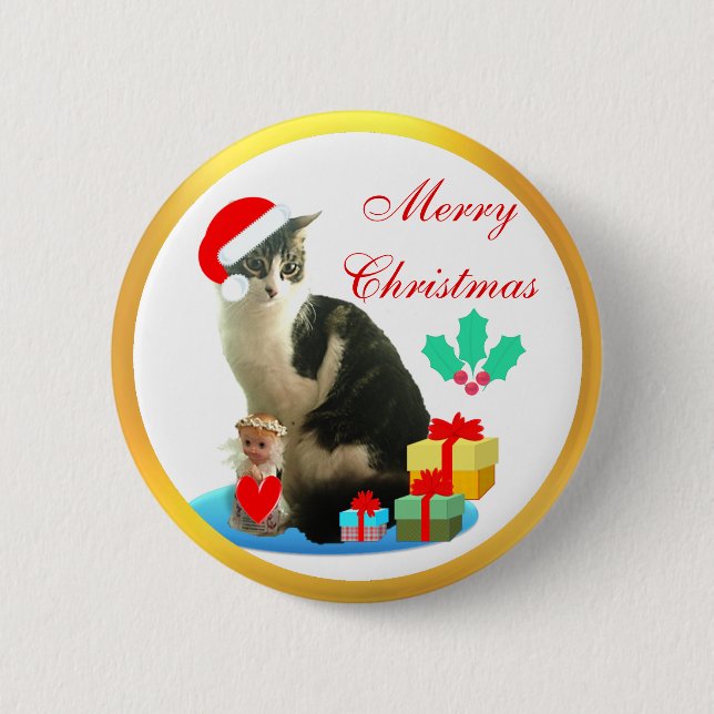 Badge Rond 5 Cm Tabby de Noël chat, petit ange & cadeaux (Devant)