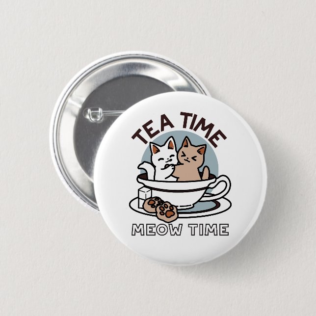 Badge Rond 5 Cm Tea Time Meow Time - Cute Cat and Tea Design (Devant & derrière)