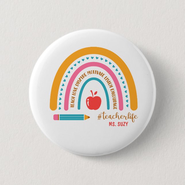 Badge Rond 5 Cm #Teacherlife Rainbow Nom de l'enseignant personnal (Devant)