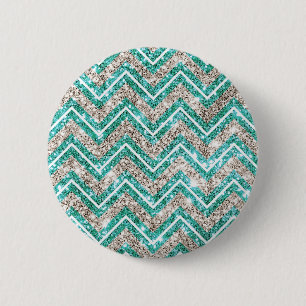 Badge Rond 5 Cm Teal et modèle scintillant de chevron d'argent