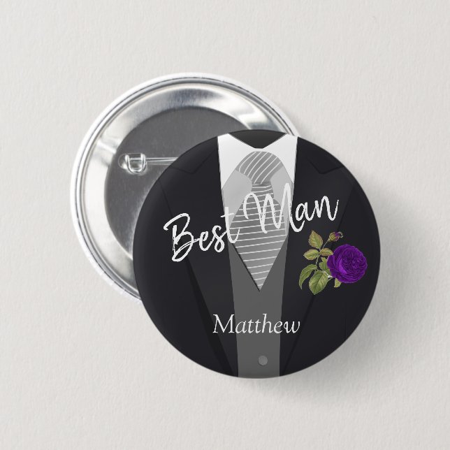 Badge Rond 5 Cm Team Groom Tuxedo Suit - Rose violet (Devant & derrière)