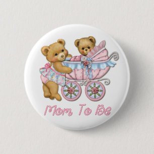Badge Rond 5 Cm Teddy Bear Maman et Carriage - Rose