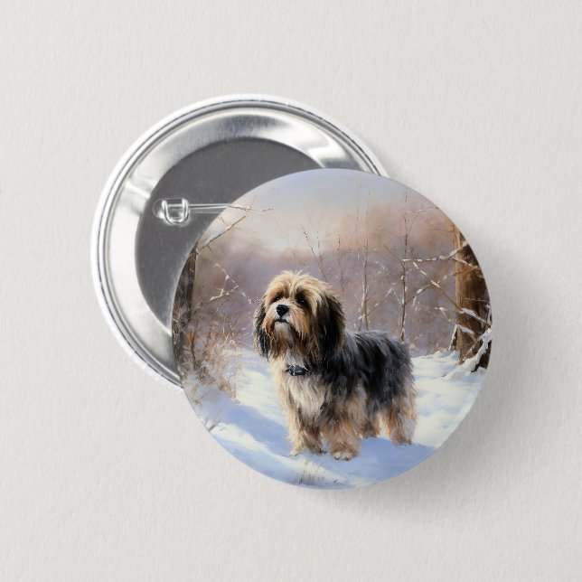 Badge Rond 5 Cm Terrier Tibétain Laissons Il Neige Noël (Devant & derrière)