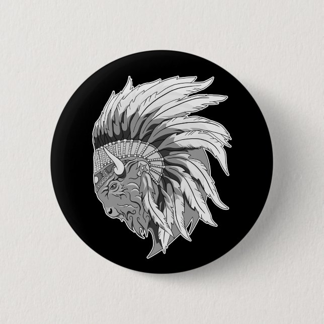 Badge Rond 5 Cm Tête de buffle avec coiffure indienne (Devant)