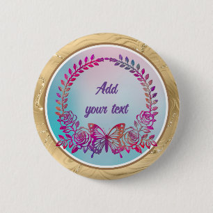 Badge Rond 5 Cm Texte personnalisé, Papillon coloré et Fleur