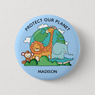 Badge Rond 5 Cm Texte personnalisé Terre avec animaux