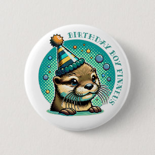Badge Rond 5 Cm Thème Loutre Bleu Anniversaire Personnalisé Garçon