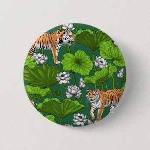 Badge Rond 5 Cm Tigres dans l'étang blanc de lotus