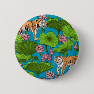 Badge Rond 5 Cm Tigres dans l'étang rose lotus