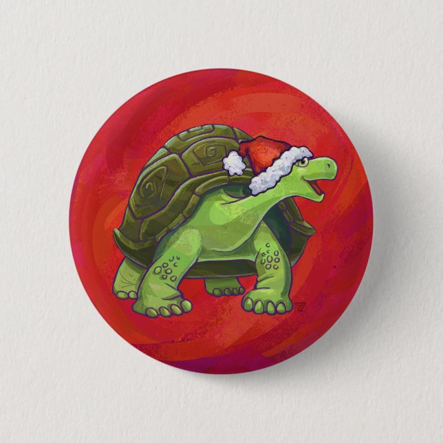 Badge Rond 5 Cm Tortoise Noël sur Rouge (Devant)