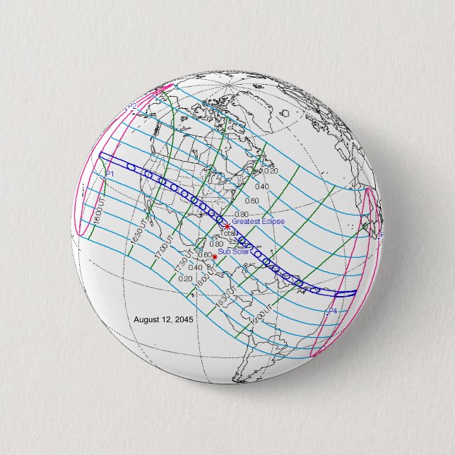 Badge Rond 5 Cm Total Solaire Eclipse 2045 Global Path (Devant)