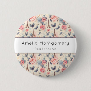 Badge Rond 5 Cm Tour Eiffel Papillon et profession Rose