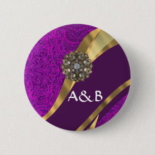 Badge Rond 5 Cm Tourbillon d'or damassé fleuri violet