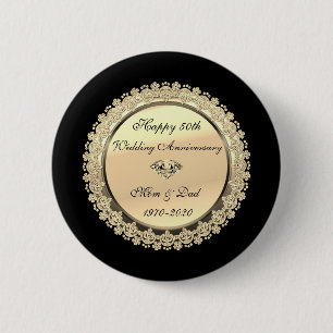Badge Rond 5 Cm Tourbillons Floraux Dorés Noir 50e Anniversaire de