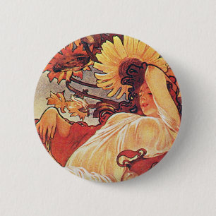 Badge Rond 5 Cm Tournesol Alphonse Mucha