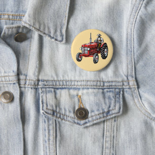 Badge Rond 5 Cm Tracteur Rouge Vintage
