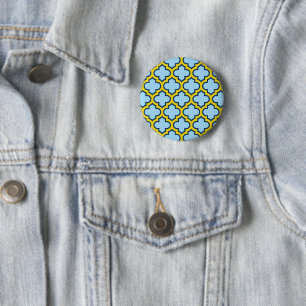 Badge Rond 5 Cm Trellis bleu et jaune, treillis, Quatrefoil