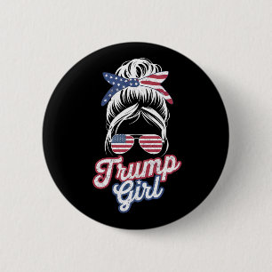 Badge Rond 5 Cm Trump Girl Messy Bun Vintage États-Unis drapeau am