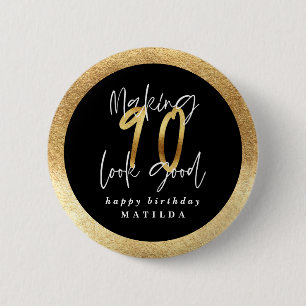 Badge Rond 5 Cm Typographie moderne noir et or 90e anniversaire