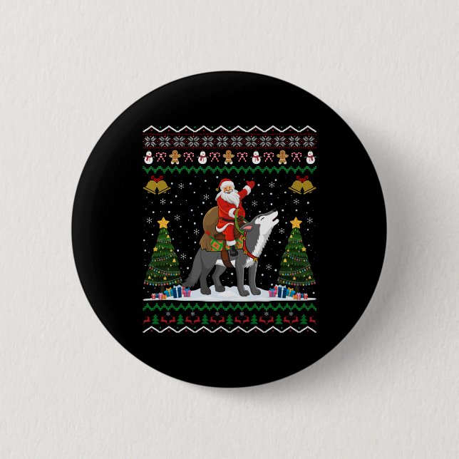 Badge Rond 5 Cm Ugly Wolf Xmas Gift Santa Riding Wolf Christmas T  (Devant)