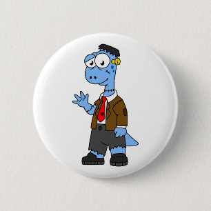 Badge Rond 5 Cm Un Brontosaur Dessiné, Habillé Comme Frankenstein.