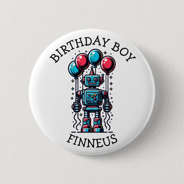Badge Rond 5 Cm Un joyeux anniversaire pour un garçon à thème robo (Devant)
