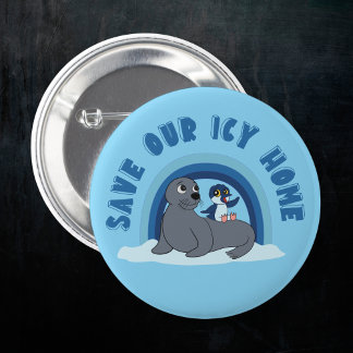 Badge Rond 5 Cm Un sceau et un pingouin "Save Our Icy World" dessi