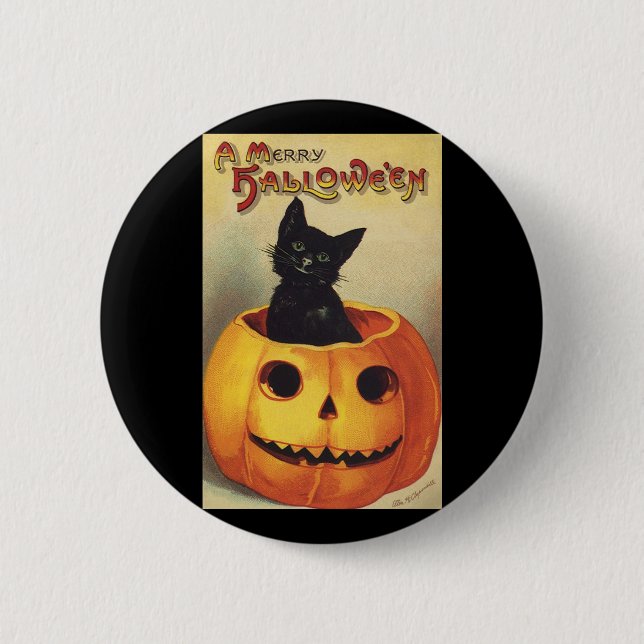 Badge Rond 5 Cm Une joyeuse Halloween par Ellen Clapsaddle, Chat V (Devant)