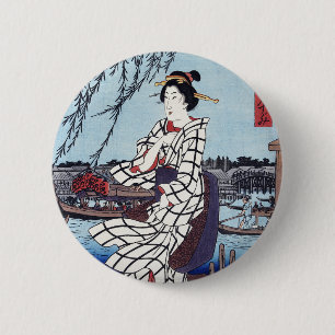 Badge Rond 5 Cm Une soirée d'été fraîche au pont, Utagawa Hiroshig