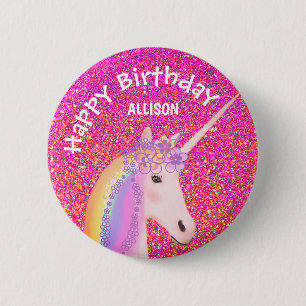 Badge Rond 5 Cm Unicorn Pink Glitter Girls Birthday Personalized