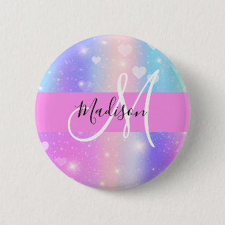 Badge Rond 5 Cm Unicorne colorée fille Coeurs arc-en-ciel Monogram