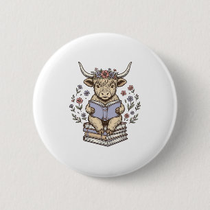 Badge Rond 5 Cm Vache Florale de Lecture Mignonne Pile de Livres D