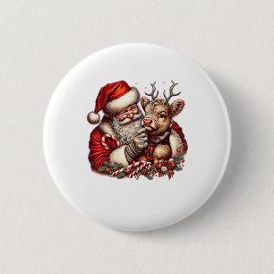 Badge Rond 5 Cm Vache Highland de Noël avec Père Noël Vintage écos